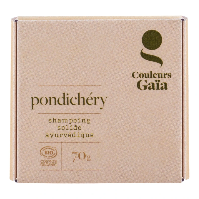 Boite en carton recyclable contenant le Shampoing Solide Ayurvédique Pondichéry certifié Bio 70g