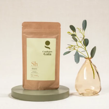 Sachet fermé emballage vente. Shanti Masque ayurvédique certifié bio 100g posé sur soble, ambiance naturelle et végétale