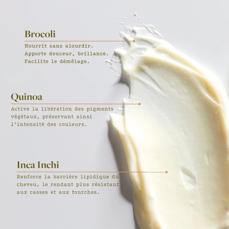 Visuel de texture de masque capillaire blanc et mentions des ingrédients : Brocoli, quinoa et inca inchi