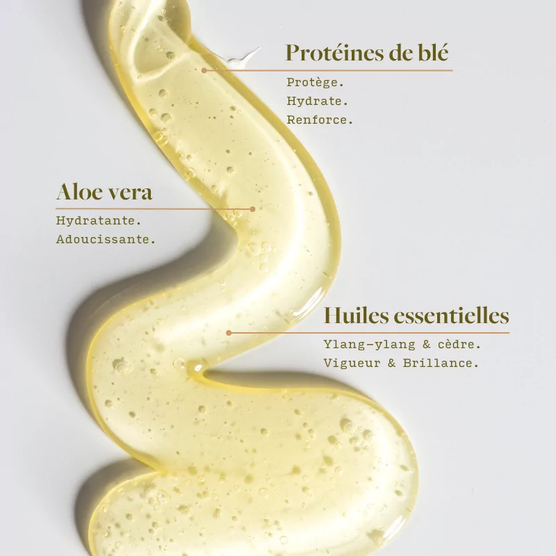 Visuel de texture de shampoing doré avec bulles et mentions des ingrédients : aloe vera, protéines de blé et huiles essentielles.