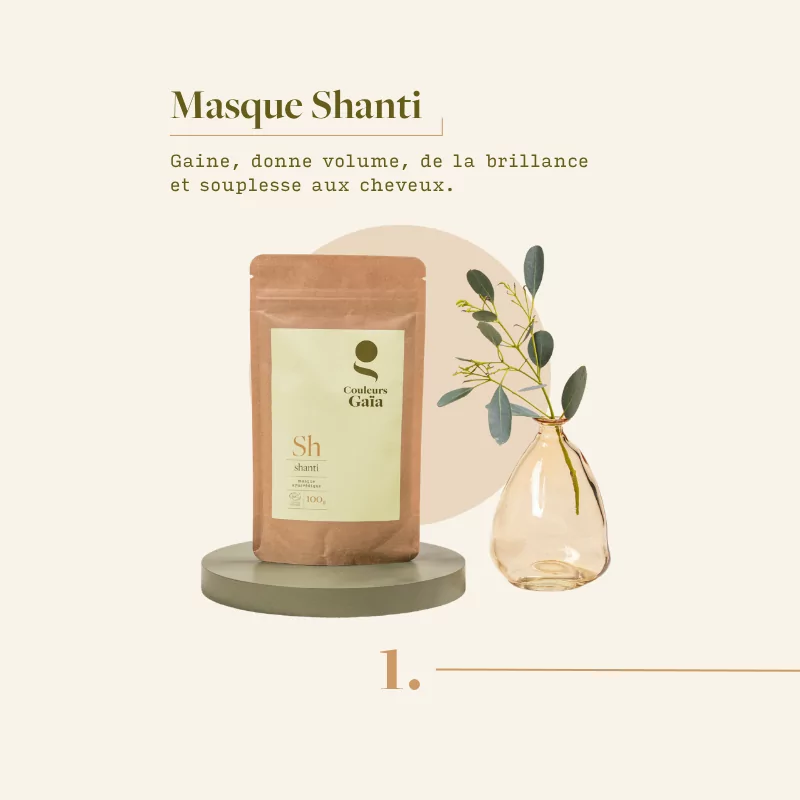 Visuel explicatif mettant en avant le masque Shanti de Couleurs Gaïa pour renforcer le cheveux. 1ère étape de la routine brillance et protection Couleurs Gaïa