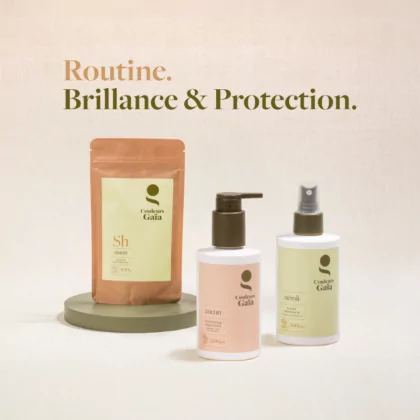 Le visuel met en avant 3 produits Couleurs Gaïa correspondant à la routine capillaire Brillance et Protection du cheveu